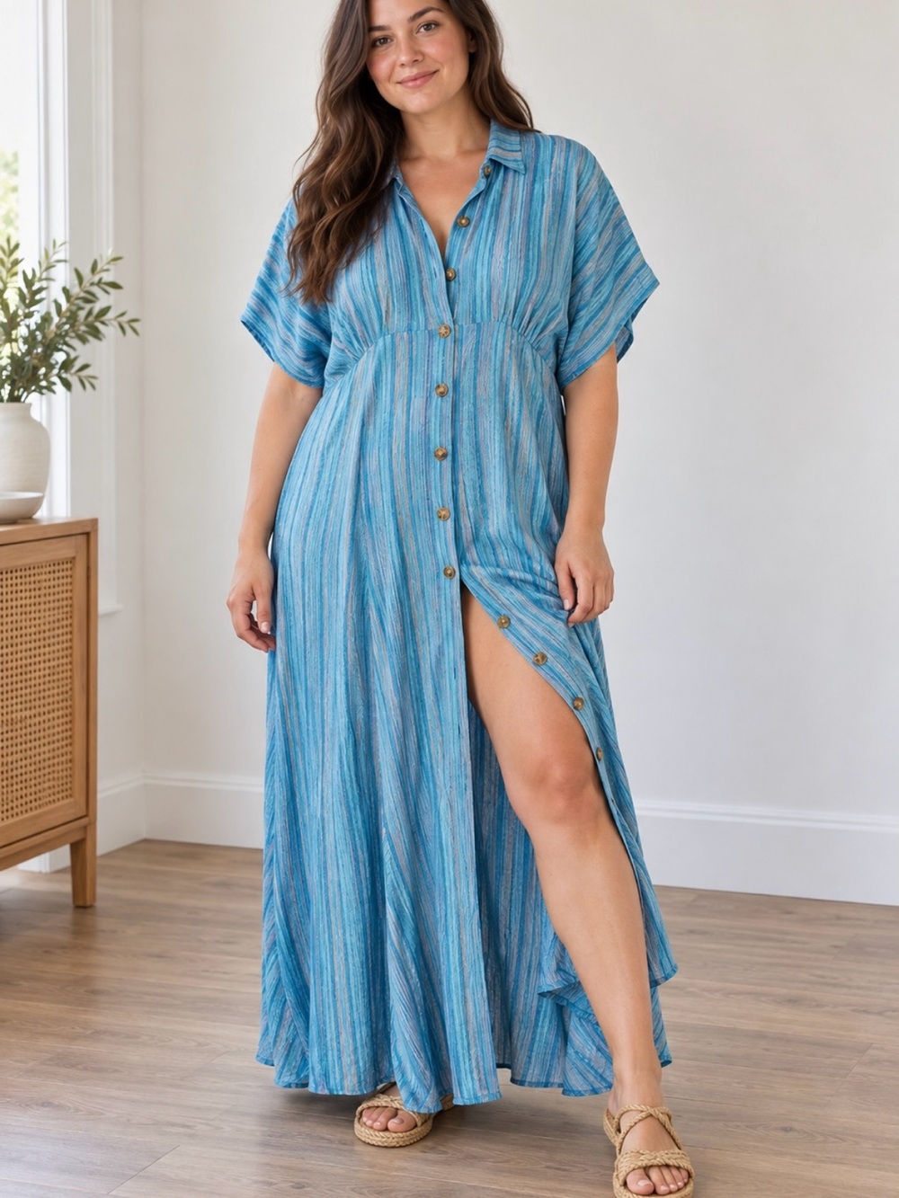 Free People Rowan Maxi Dress Blue Striped Button-Front Maxi Dress